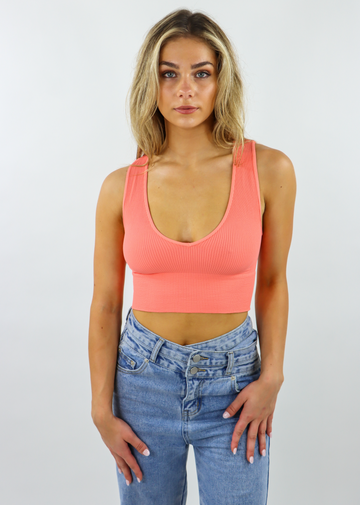 coral ribbed stretchy comfy cozy cropped v neck tank top 