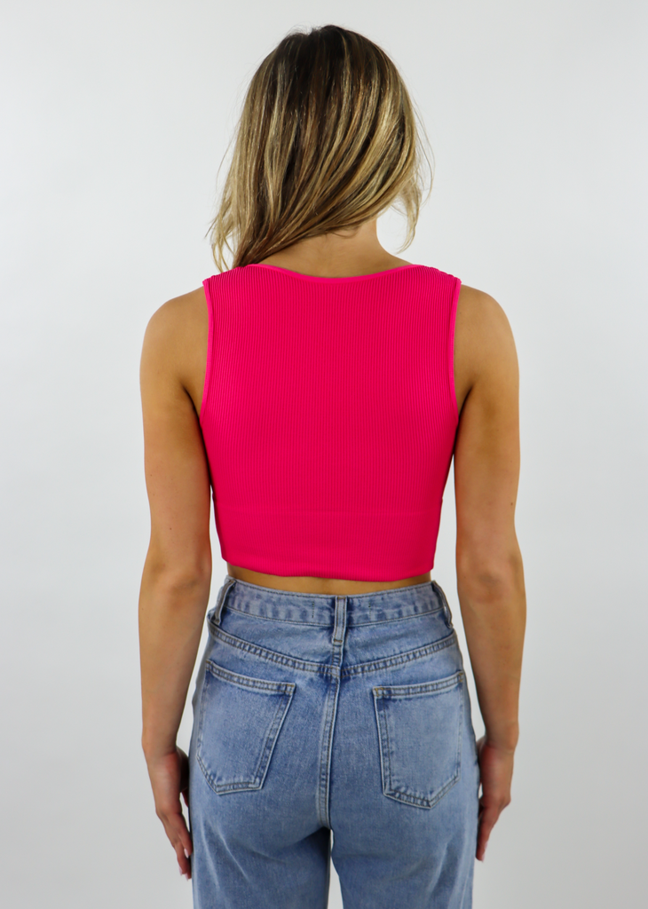 hot pink ribbed stretchy comfy cozy cropped v neck tank top 