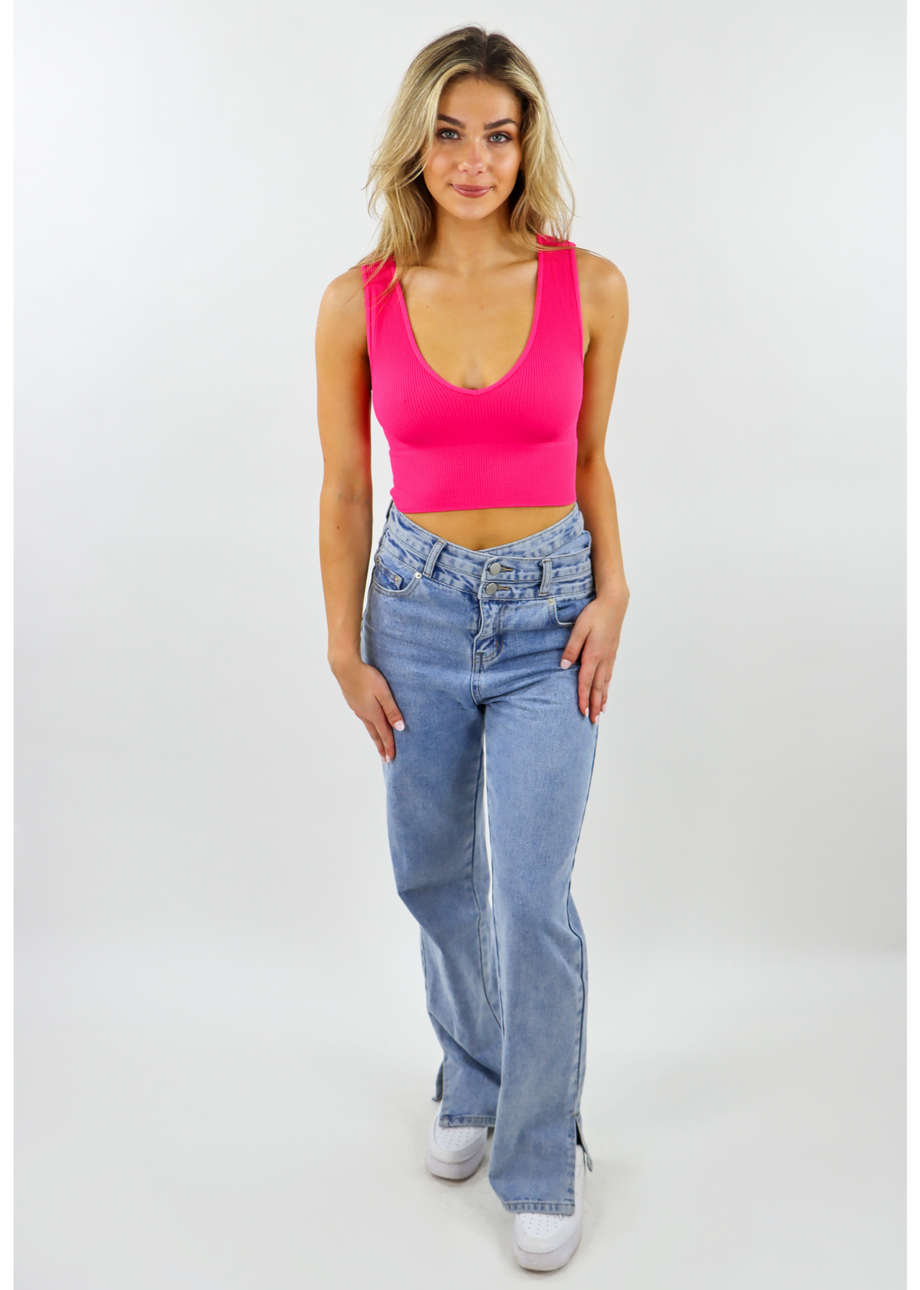 OThread & Co. Women's Stretchy Crop Tank Top - 95% Modal 5% Spandex, Crew Neck, Sleeveless, Hot Pink, Small