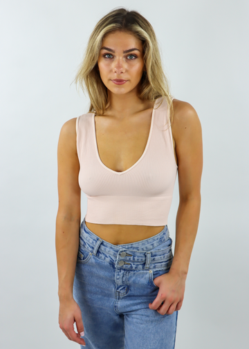 light pink baby pink ribbed stretchy comfy cozy cropped v neck tank top 