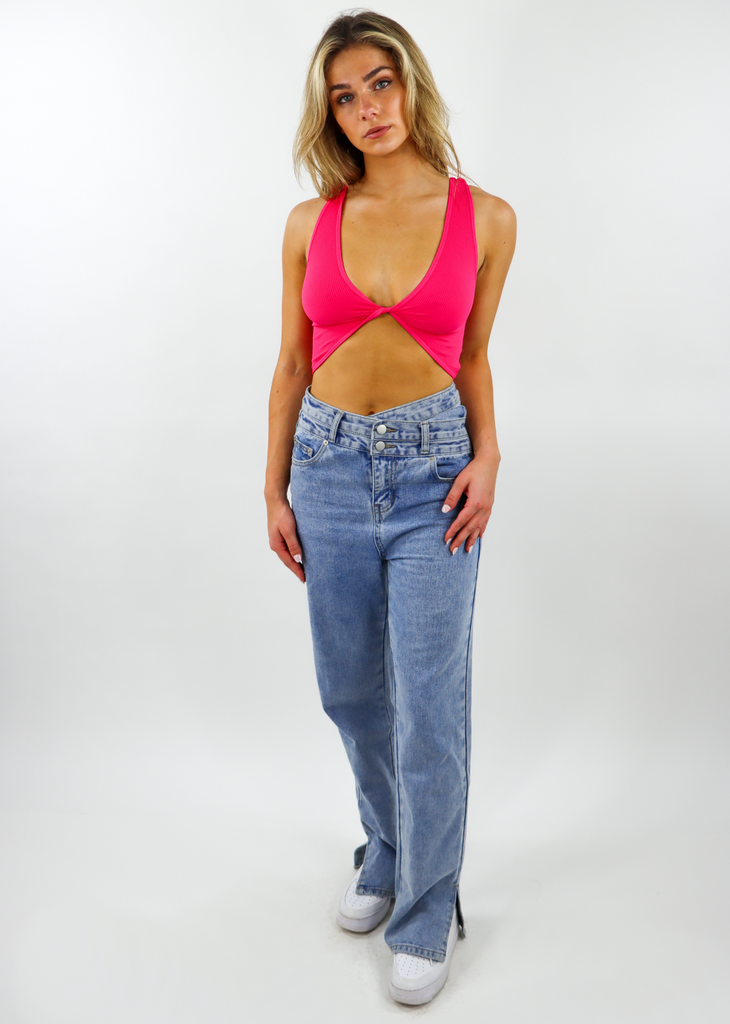 hot pink seamless ribbed low cut scoop neck stretchy twist front reversible crop tank top
