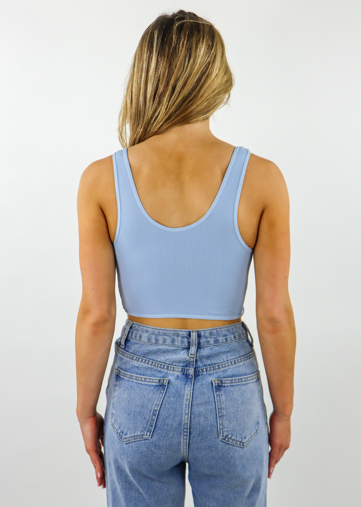 powder blue seamless ribbed low cut scoop neck stretchy twist front reversible crop tank top