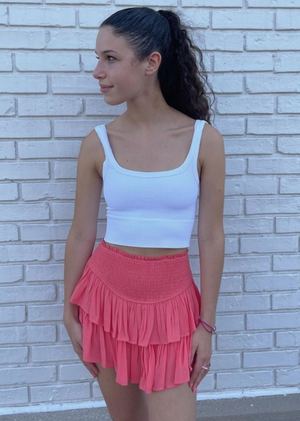 Coral Bright Fully Lined Two Tier Ruffled  Preppy Flowy Skirt with Smocked Waistband Stretchy and Built in Shorts Underneath - Rock N Rags