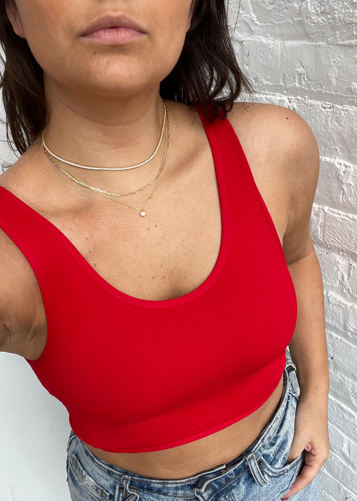 red seamless ribbed low cut scoop neck stretchy twist front reversible crop tank top