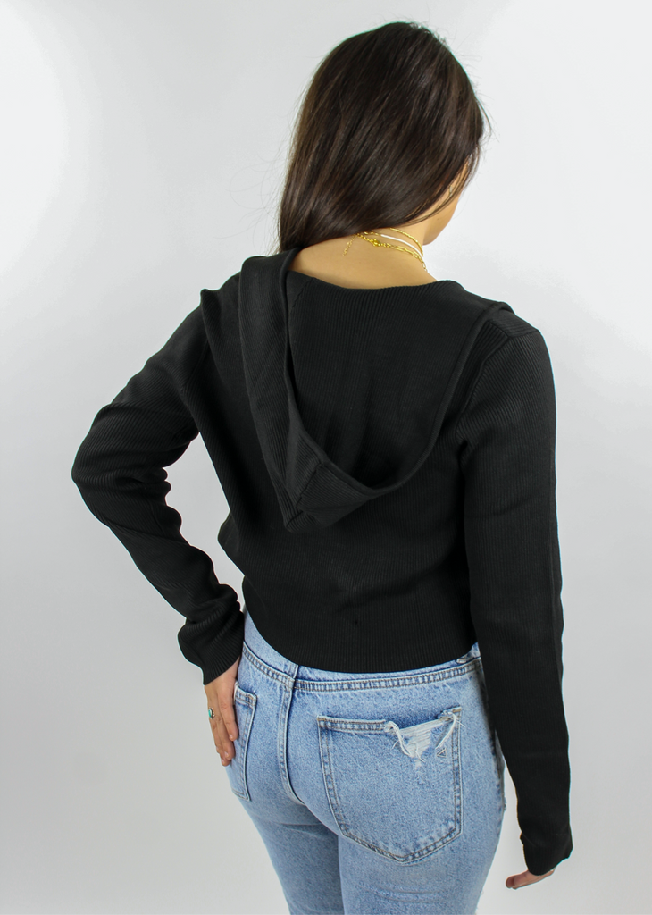Black ribbed long sleeve cropped women's zip up cardigan sweater hoodie. Wear to class or for casual day-to-day lounge wear.