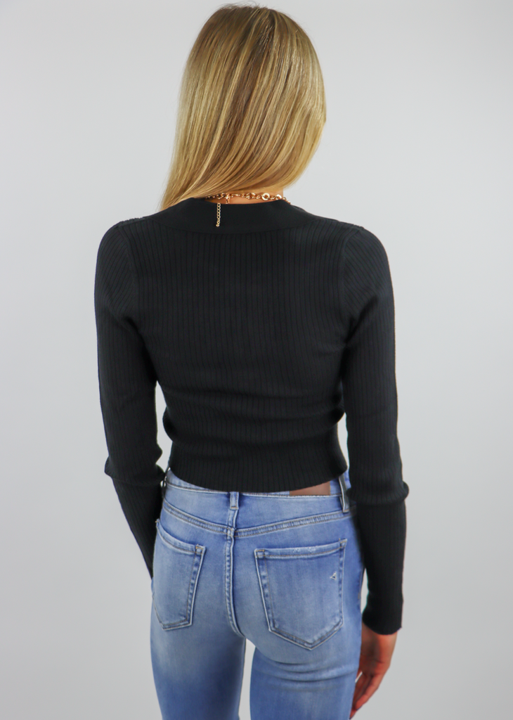 Black Long Sleeve Ribbed Collared Shirt with Deep Neckline