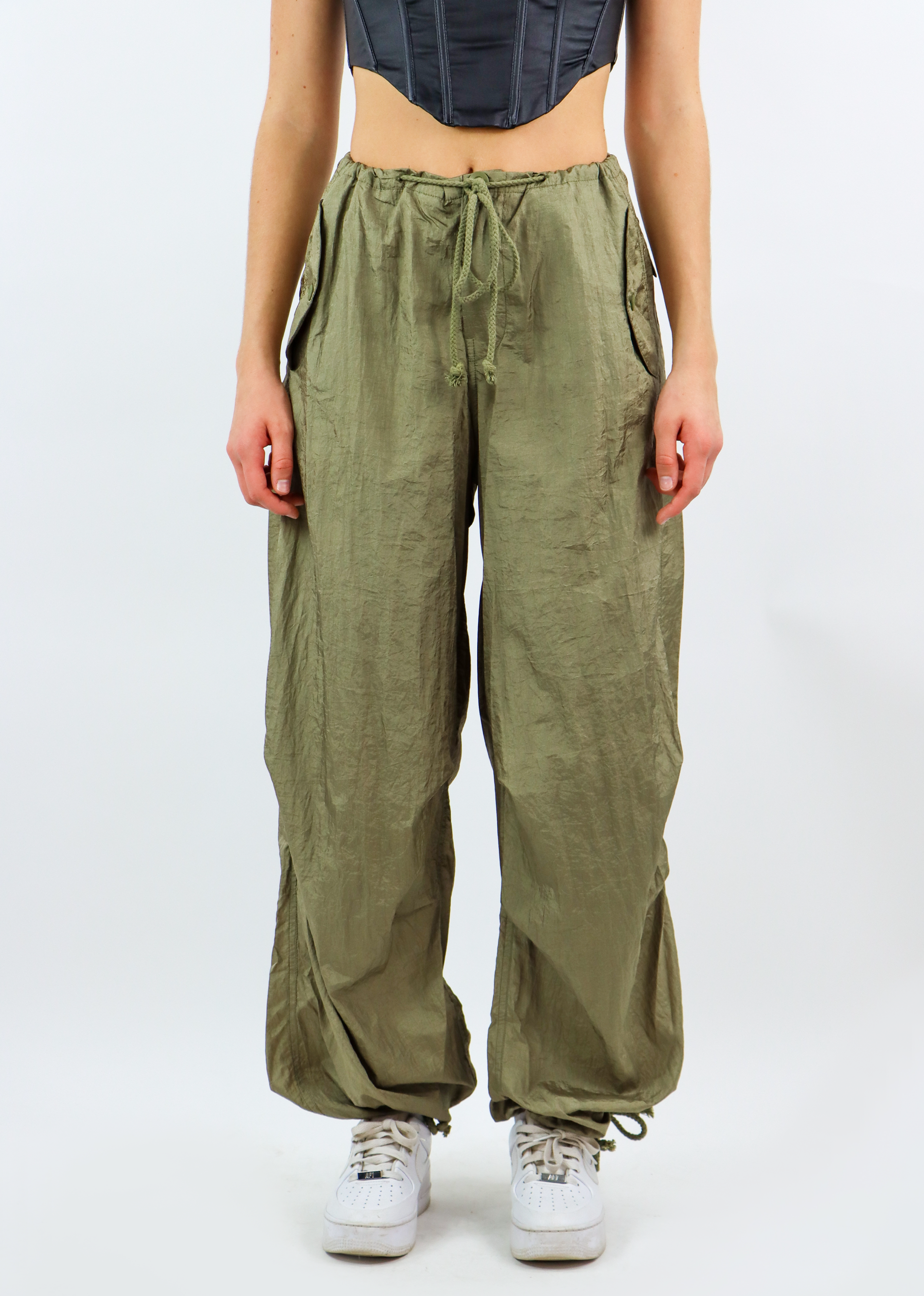 Vain Ruched Stacked Parachute Pant - Olive