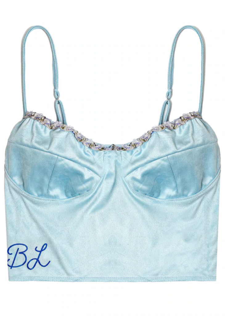 boys lie sea glass blue bustier top poly suede rose flower lining cupped crop top adjustable straps