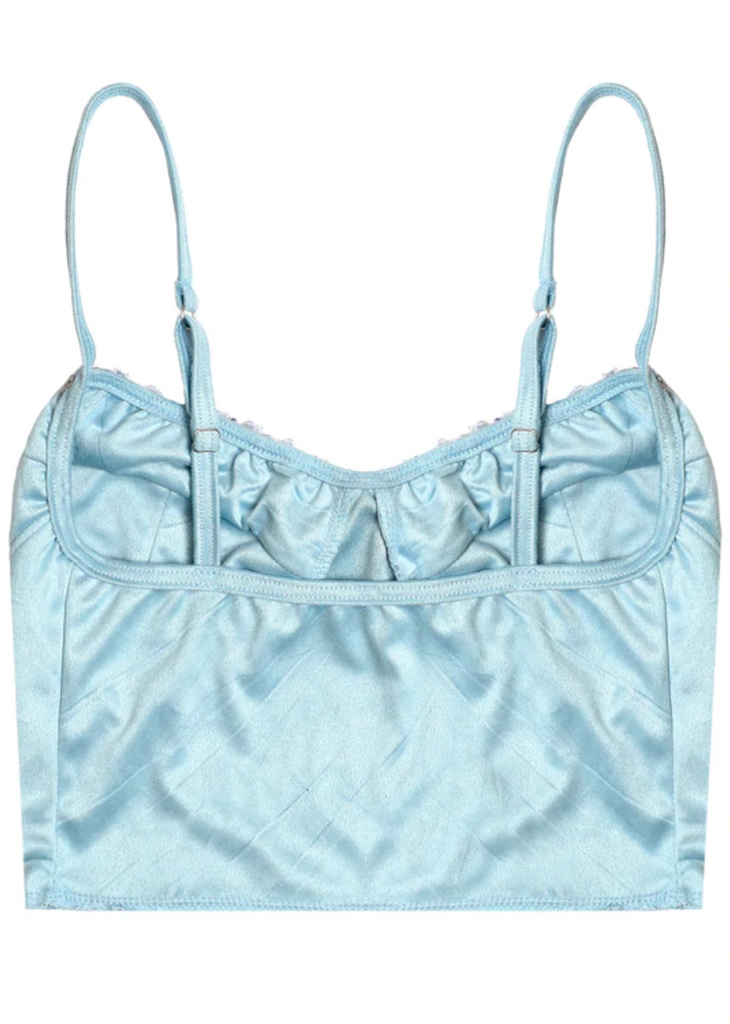 boys lie sea glass blue bustier top poly suede rose flower lining cupped crop top adjustable straps