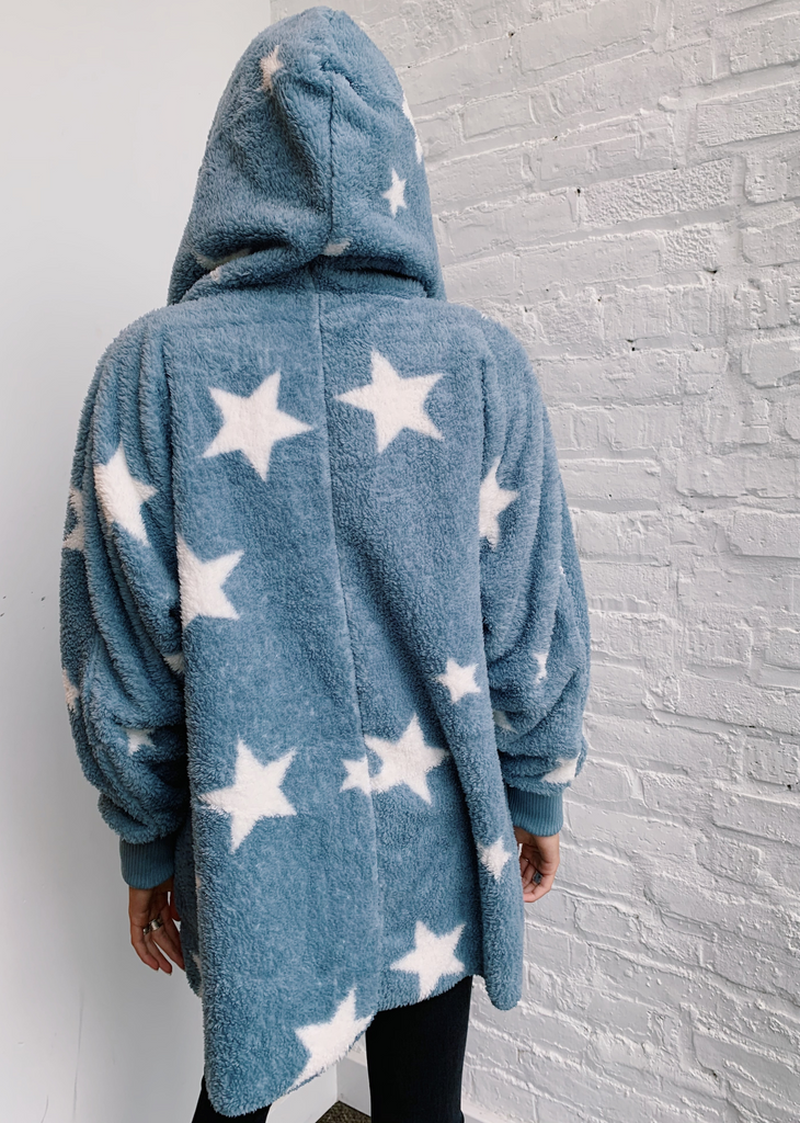 Dusty Vintage Blue Long Sleeve Soft Fuzzy Cardigan Jacket With White Stars And Hood - Rock N Rags