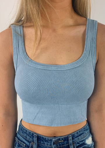 spill the tea vintage blue seamless chevron ribbed scoop neck stretchy crop tank top - Rock N Rags