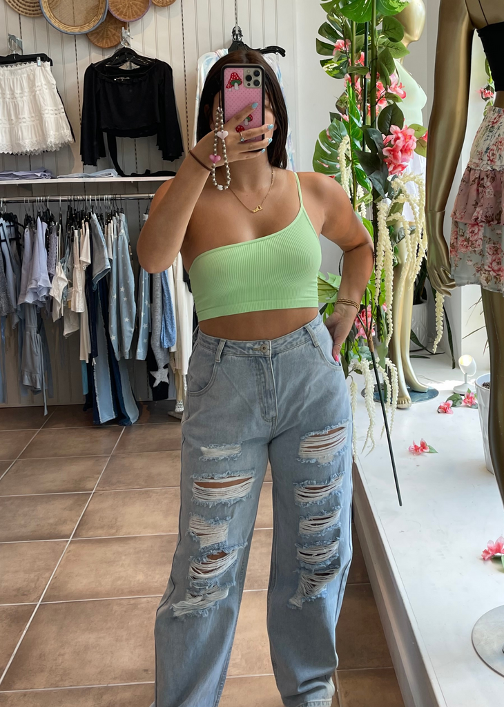 neon green one shoulder ribbed spaghetti strap cropped tank top bralette - Rock N Rags