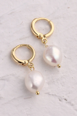yellow, gold, ear hugger hoops with white, pearl, drop detail earrings-Rock N Rags